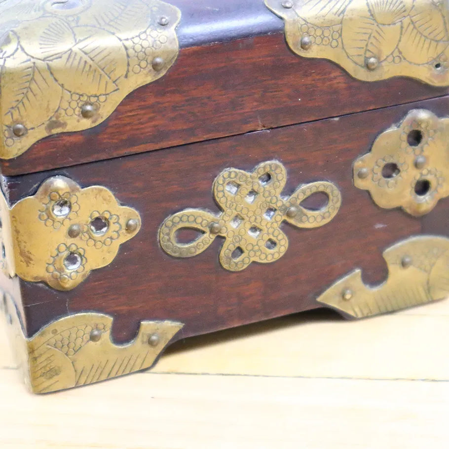 Vintage Wood Hand Carved Storage Box w/ Handmade Metal Fittings 10"x4"x3" Close Up