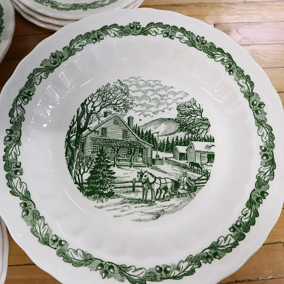 Vintage 22 Piece Set Knowles Green Sleepy Hollow Ceramic Rare Kalla Print Salad Plate Design